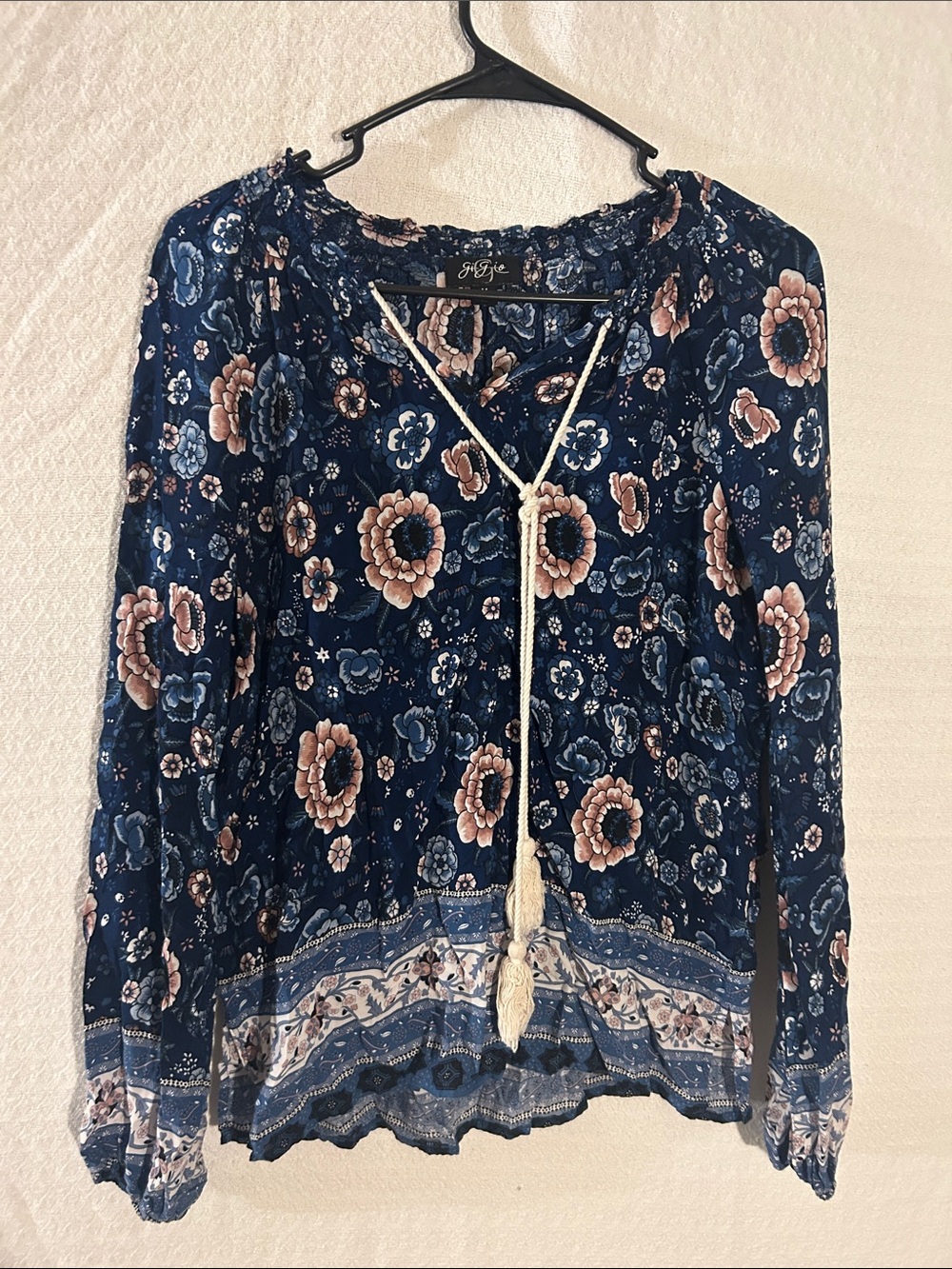 Floral Tie-Front Peasant Blouse - Navy with Pink Floral